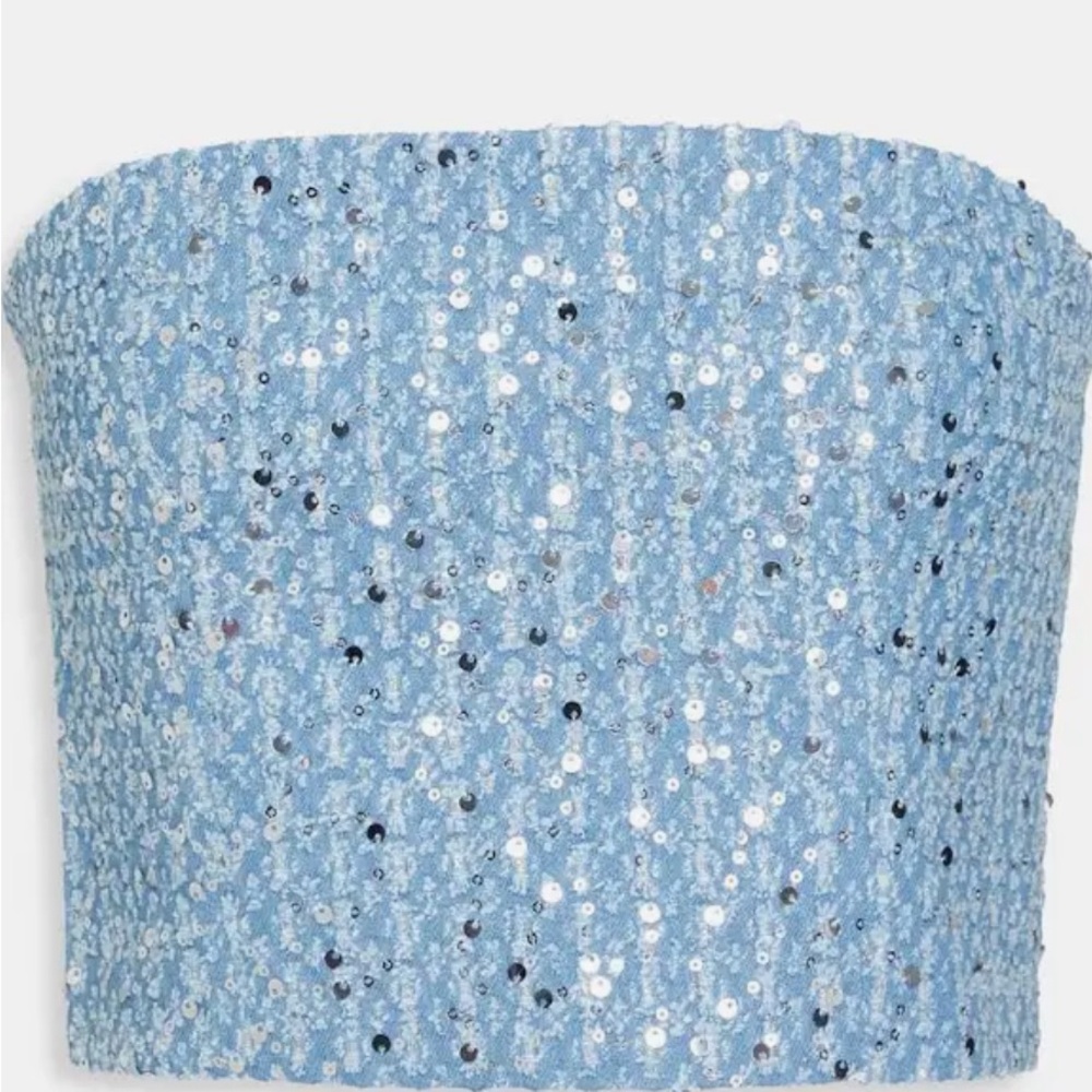 COPY - Rotate Birger Christensen Strapless Sequin Denim Top in Mid Denim